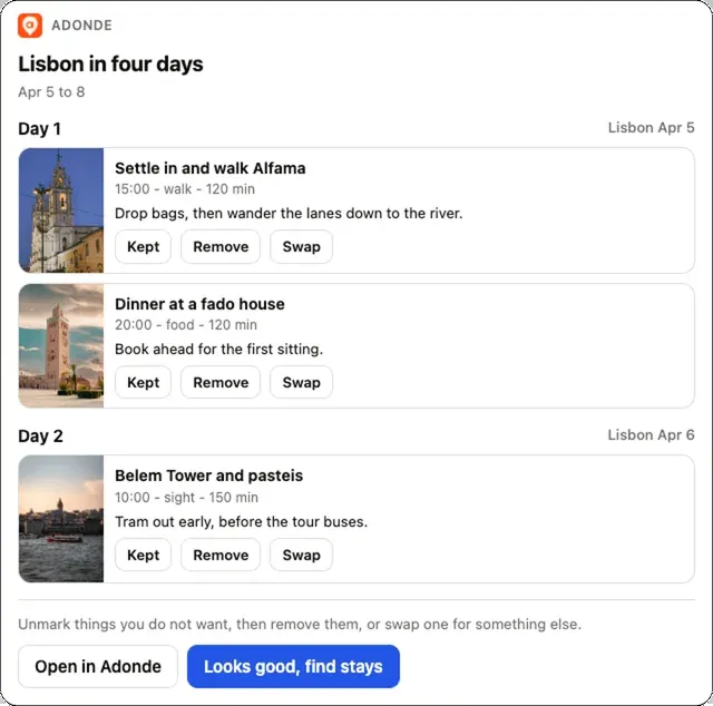 A Lisbon in four days card in an assistant chat, listing days with kept and swap buttons
