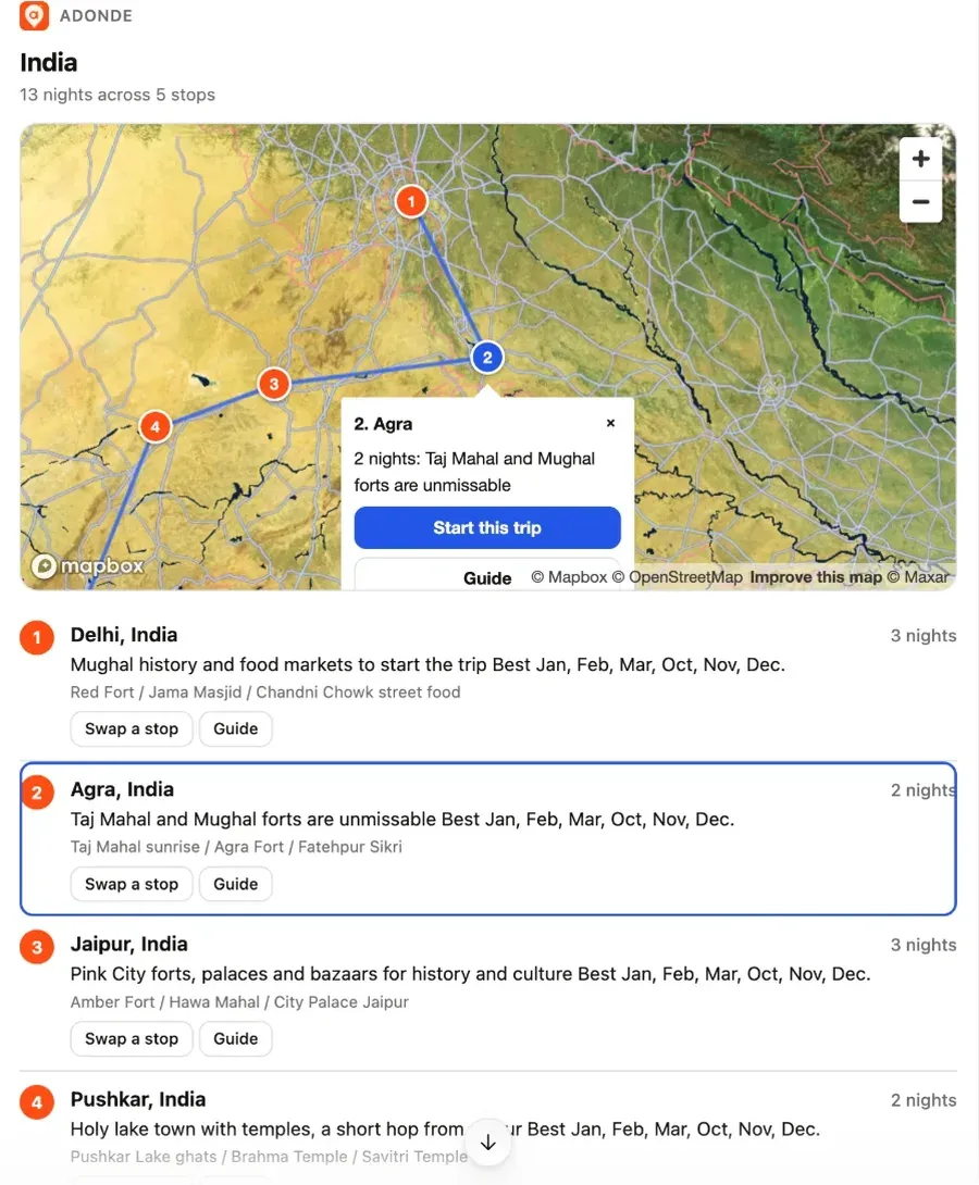 A suggested route card in an assistant chat: India, 13 nights across 5 stops on a map with a stop list