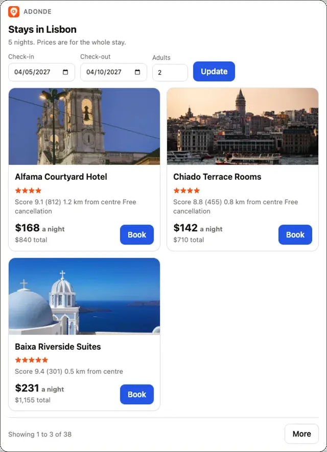 Stay results shown as a card inside an AI assistant chat