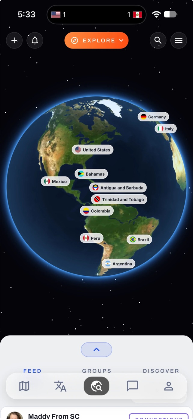The Connect globe with a flag for every country, and the feed, groups and discover sheet below