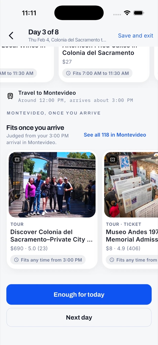 Day 3 of 8 in Colonia del Sacramento: tour cards under 'Fits once you arrive', with the day's plan above
