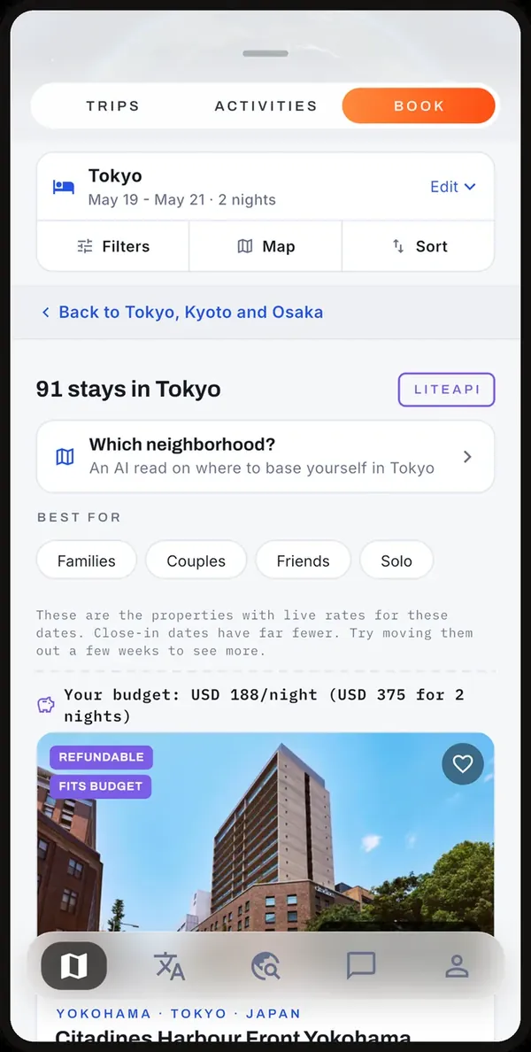 The Adónde hotel results for Tokyo: filters, a neighborhood guide and the first stay with refundable and fits-budget tags