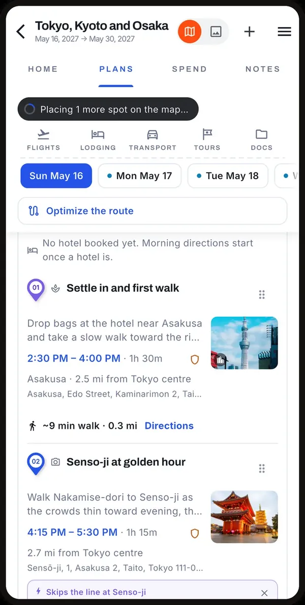 The Plans tab in Tokyo: day chips and two stops with times, photos and a walking leg