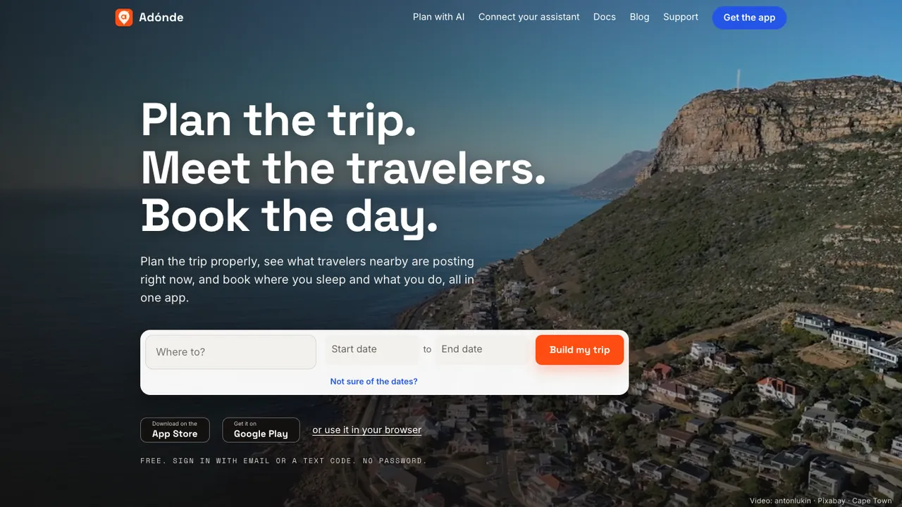 The Adónde home page: plan the trip, meet the travelers, book the day, over a coastal mountain view