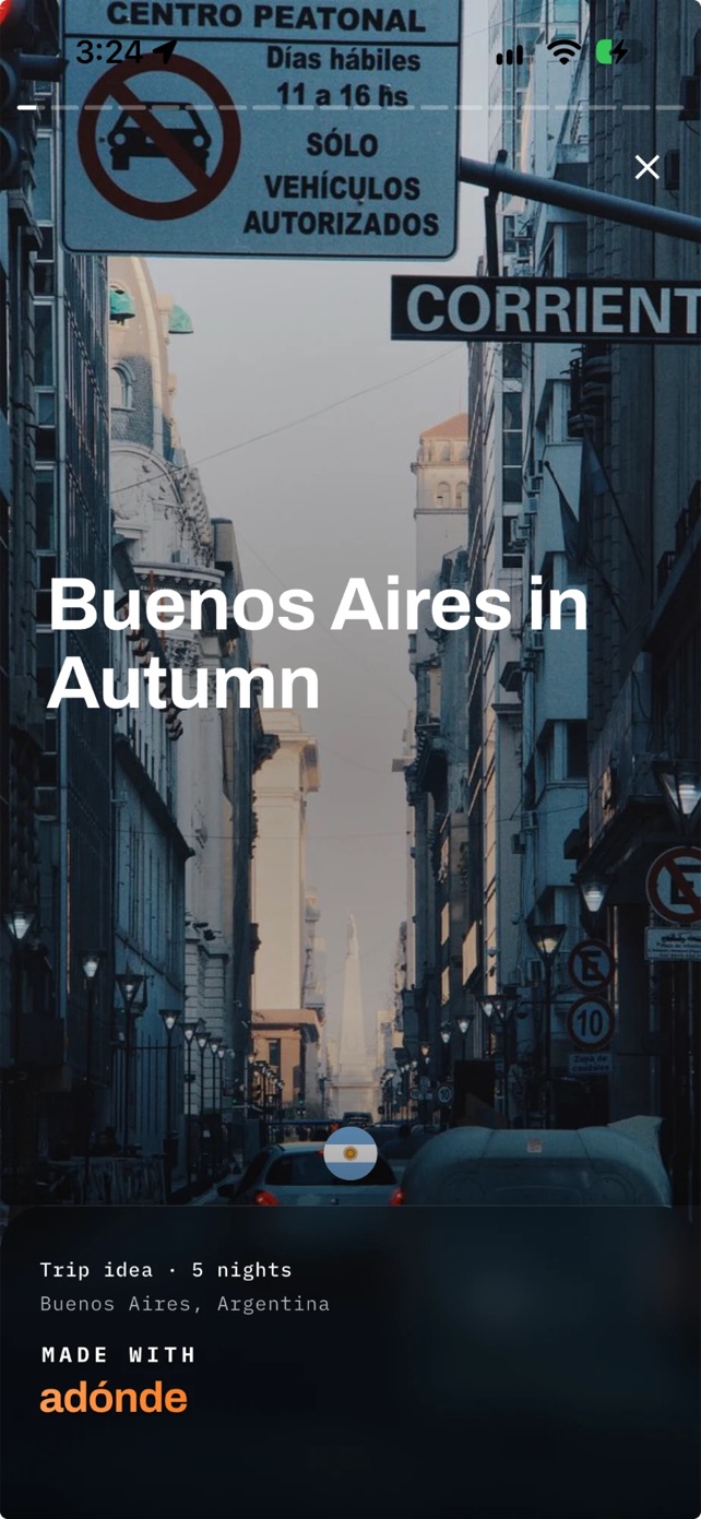 A share card for 'Buenos Aires in Autumn', a five night trip idea, made with Adónde