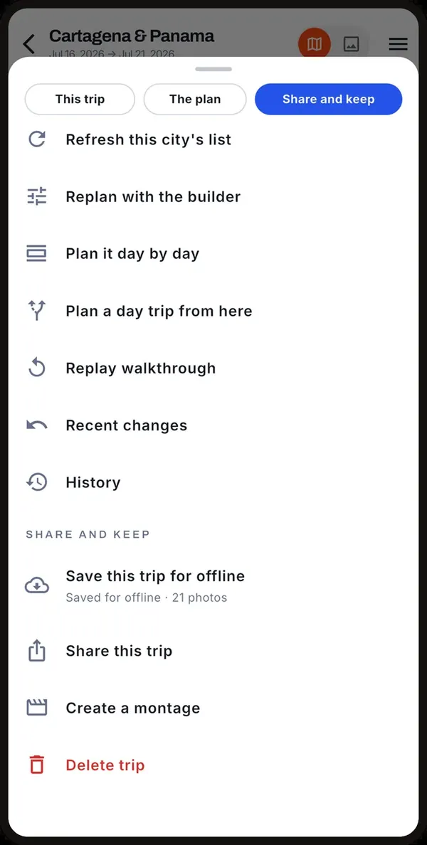 The trip menu open on Share and keep, with options to save offline, share the trip and create a montage
