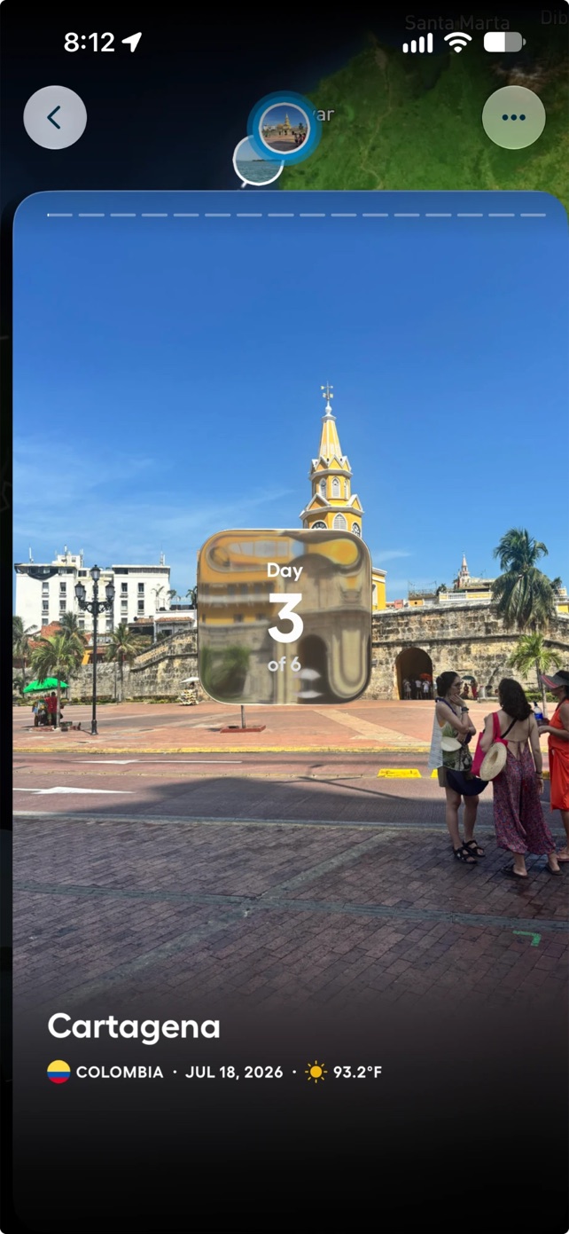The trip story player: Day 3 of 6 in Cartagena, Colombia, a glass card over the day's photo