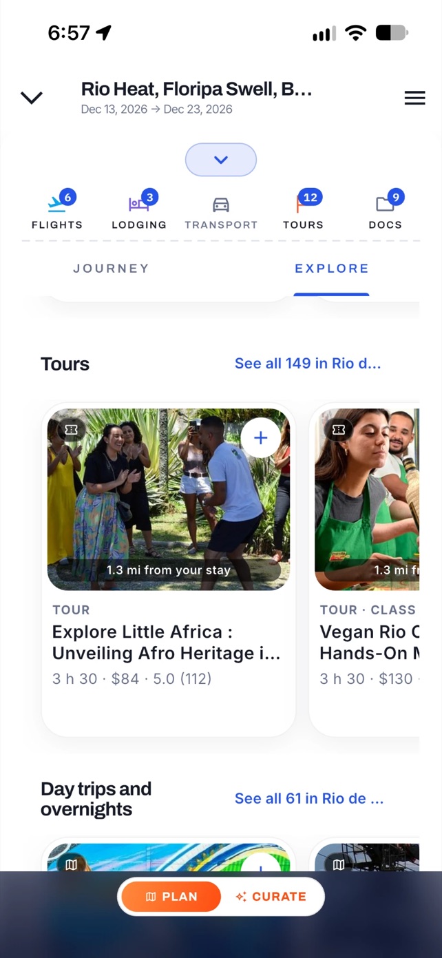 Adónde app showing tours and stays booked inside a trip