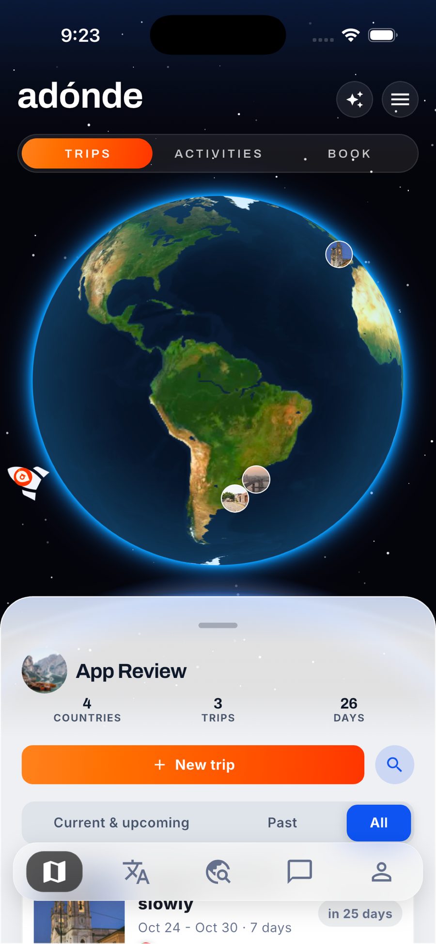 Adónde app screen, step 1