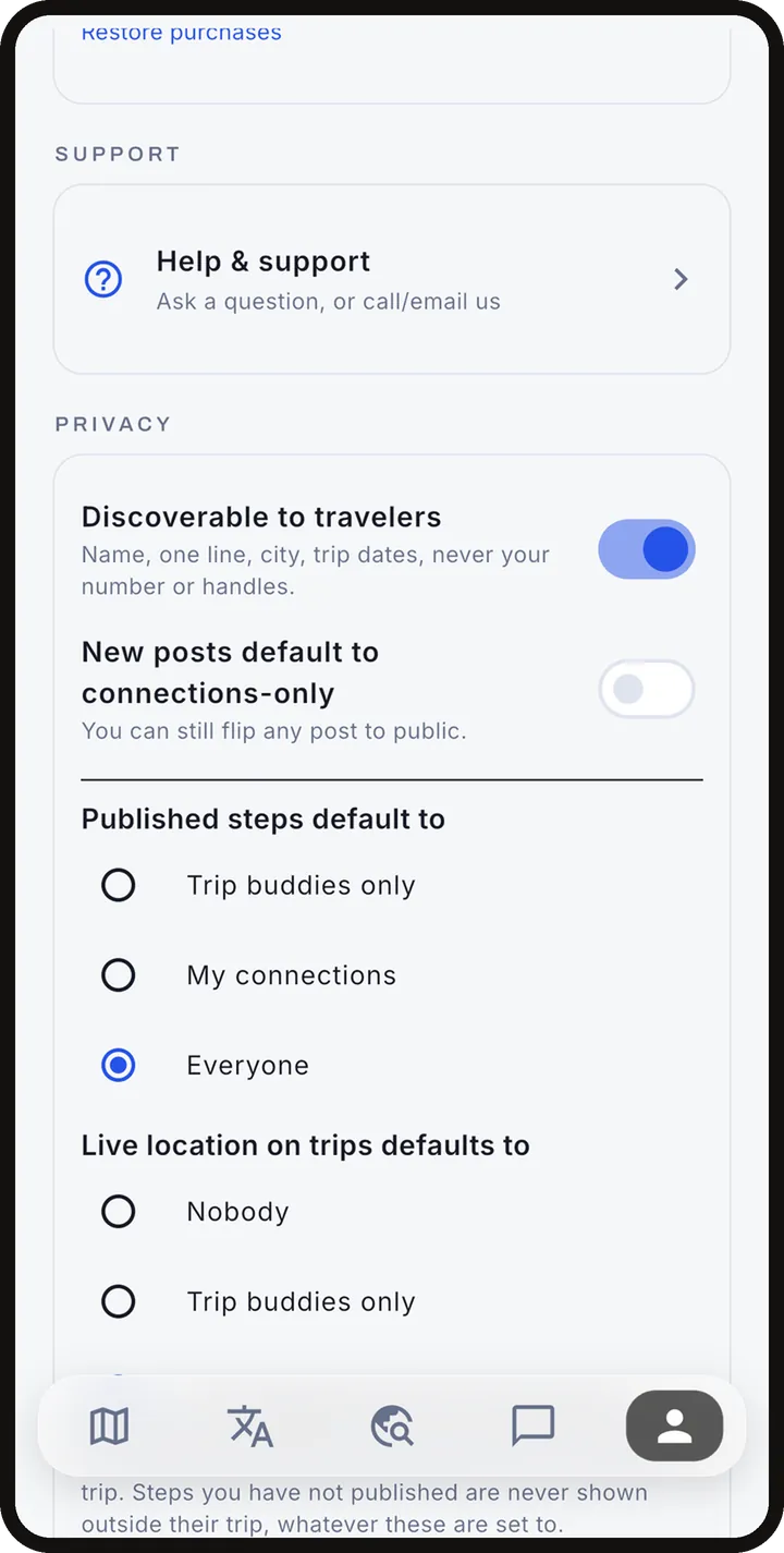 Account: privacy and sharing defaults.