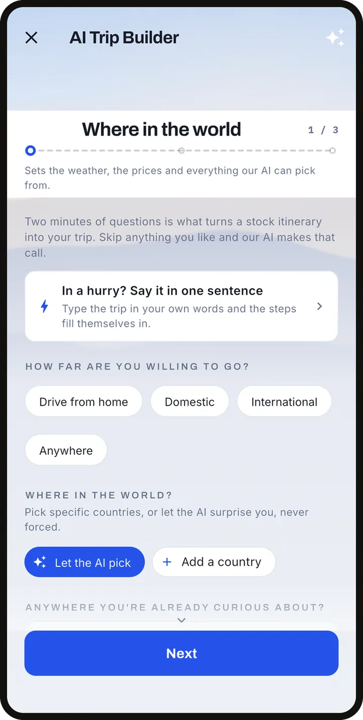 The AI Trip Builder opens with a few short questions.