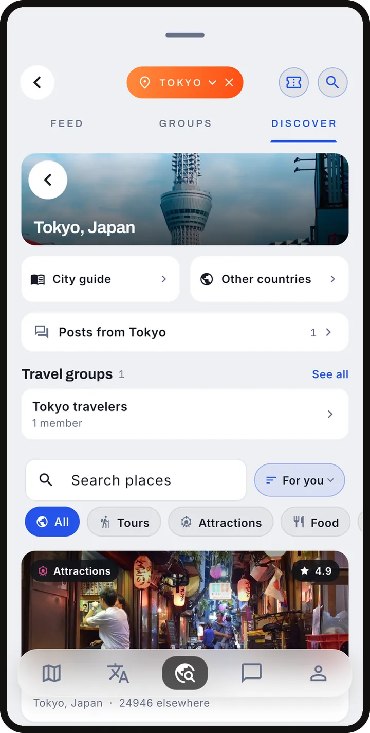 A city hub: the city guide, posts, travel groups and places to go.