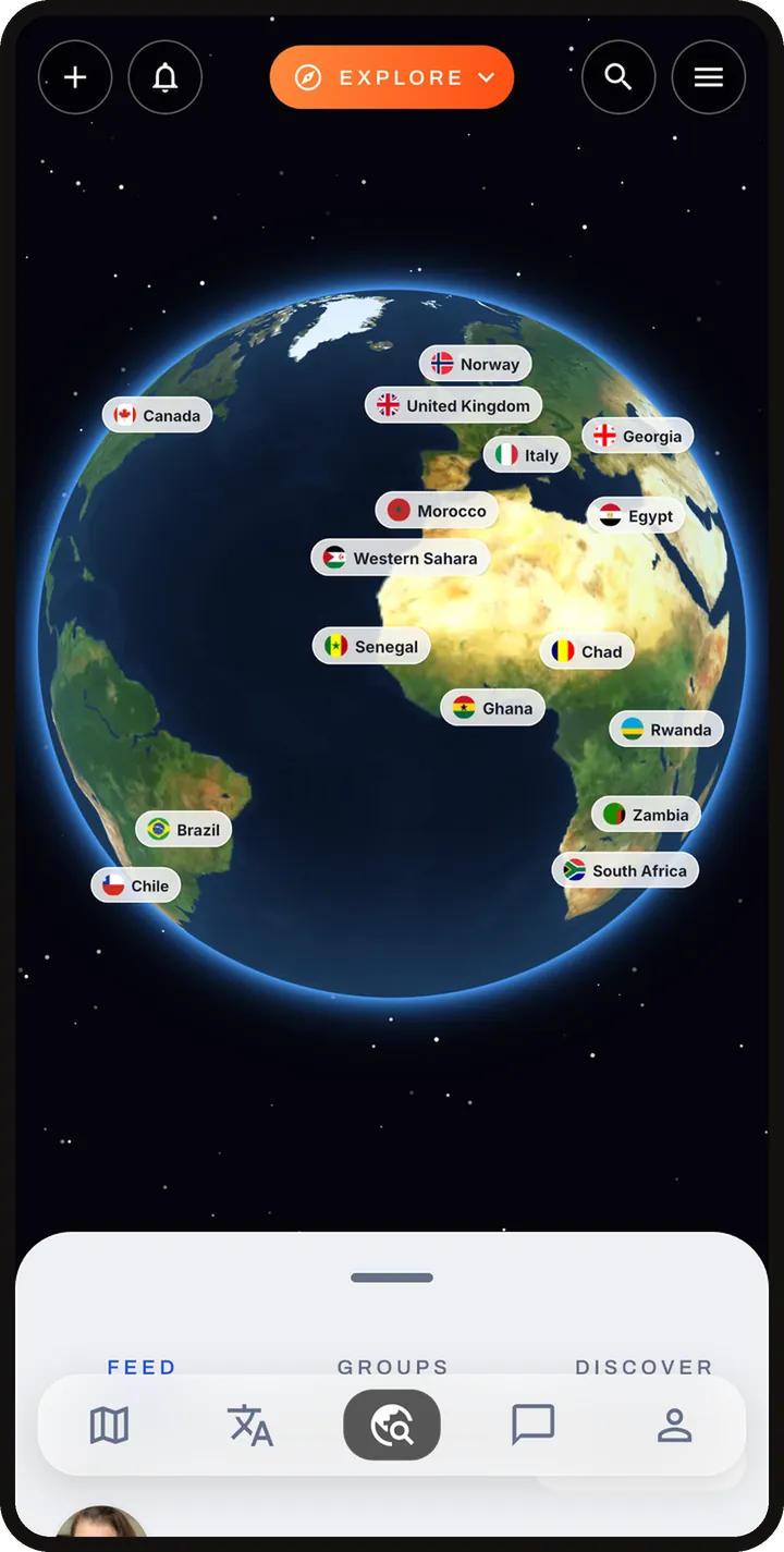 Explore on the globe, with the Feed, Groups and Discover tabs below.