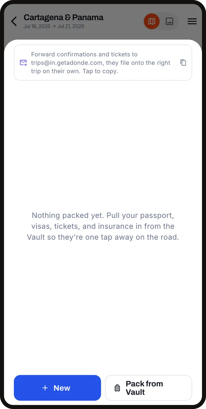 A trip's Docs: forward a confirmation by email, or pack from your Vault.
