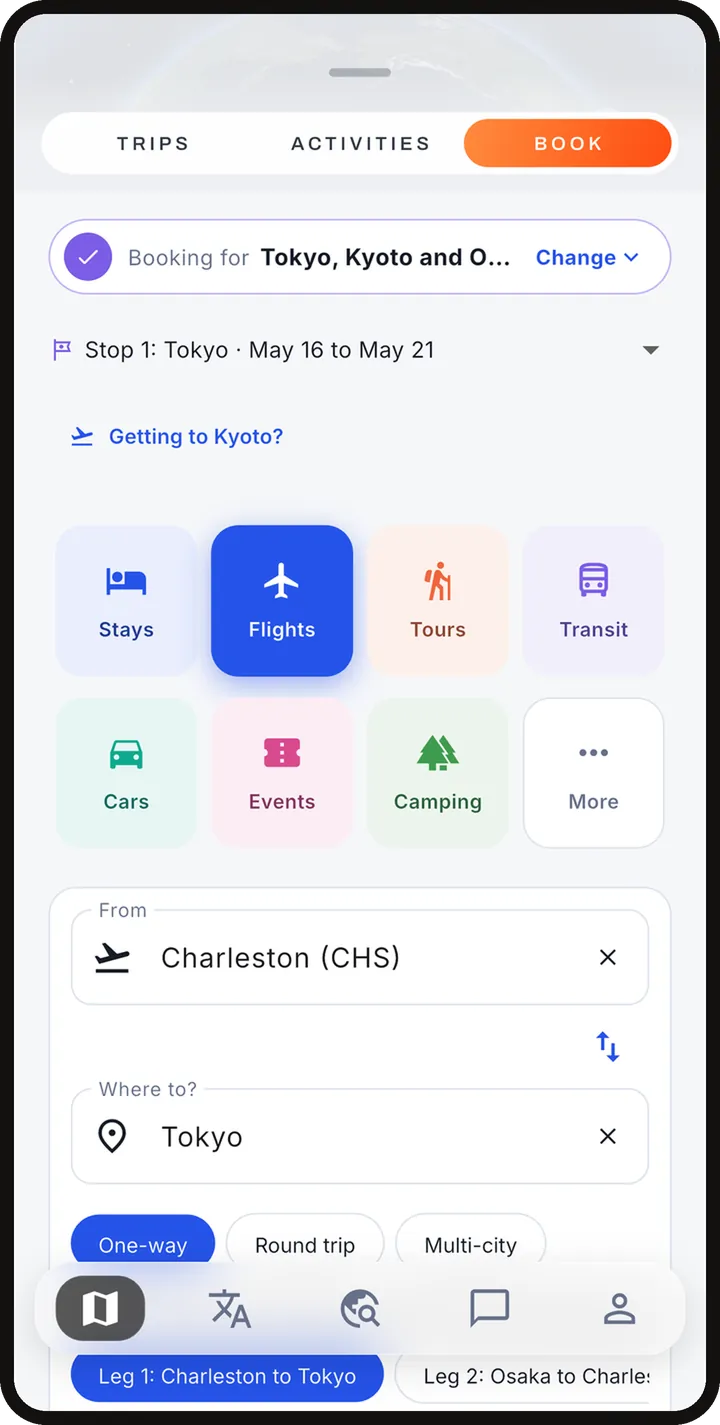 The flights search form, filled from the trip.