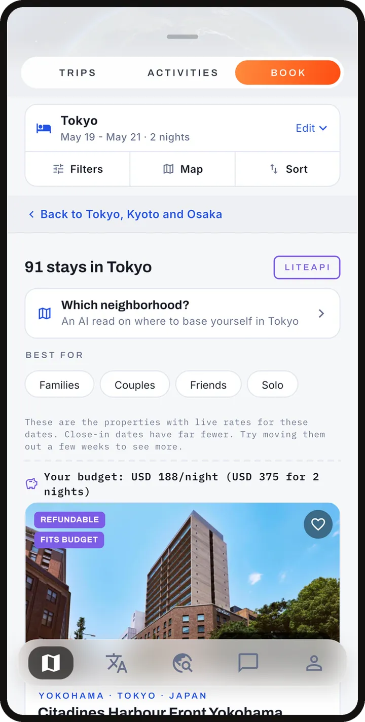 Hotel results with price, refund terms and rooms.