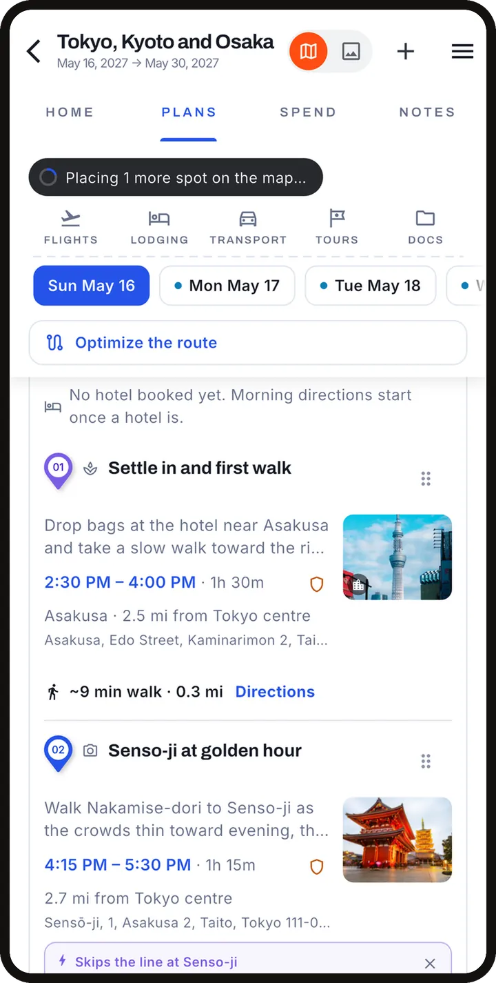 The Adónde app showing a day-by-day itinerary