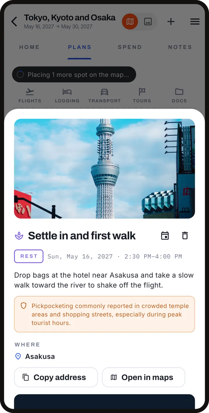 Tap a stop for its card: time, notes, address and Open in maps.