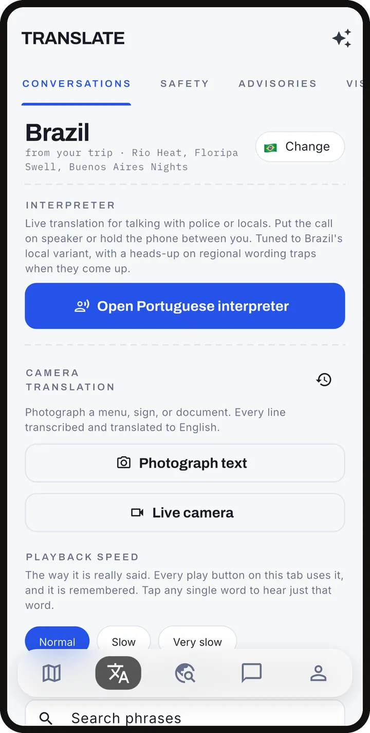 Open the interpreter, translate a photo, or play a starter phrase.