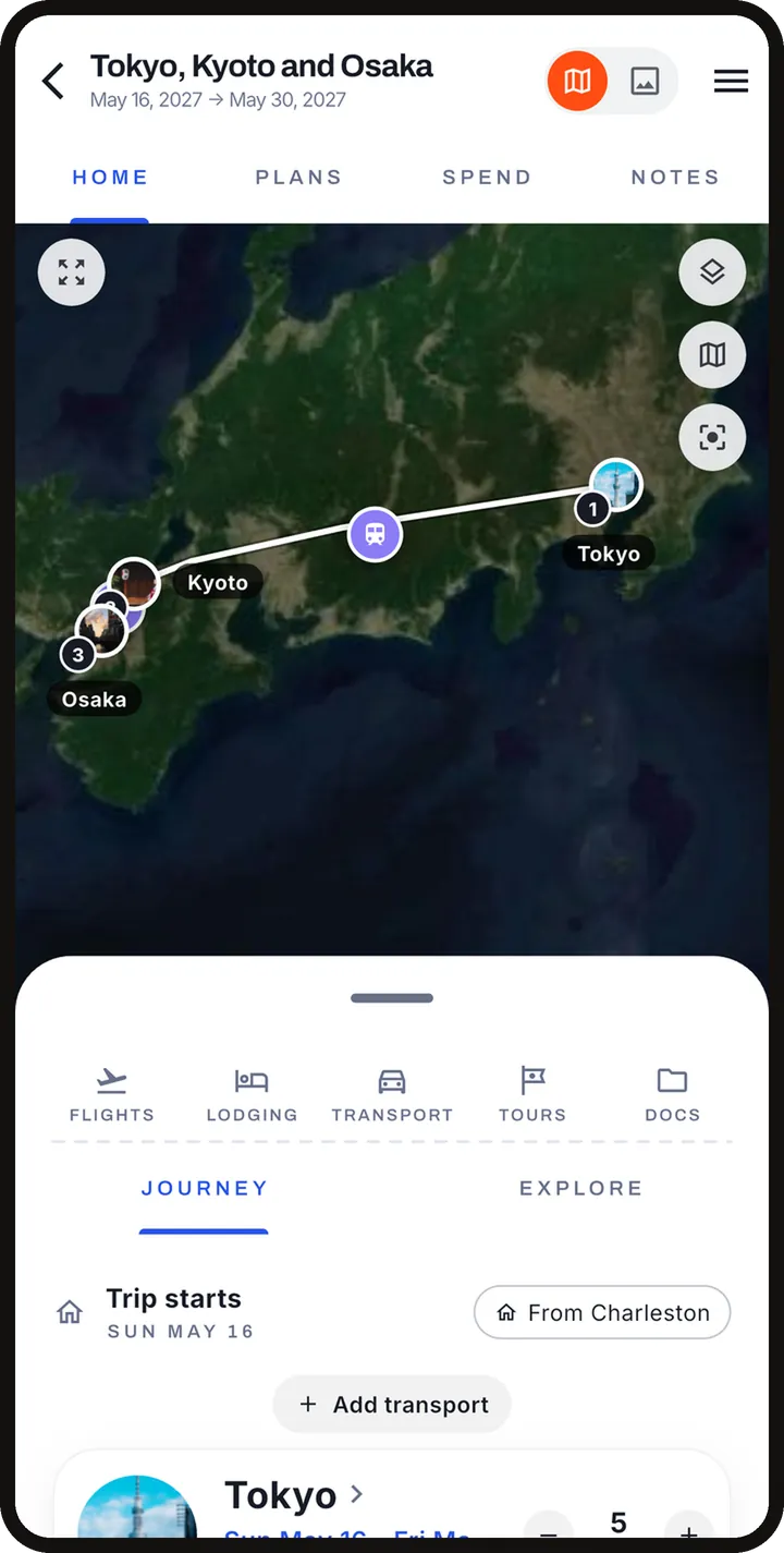Inside a trip: the route on the map, then Flights, Lodging, Transport, Tours and Docs.
