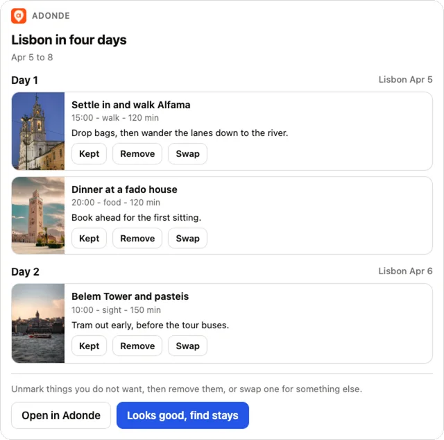 The day-by-day card (sample data).