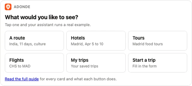 The help card: tap one and your assistant runs a real example (sample data).