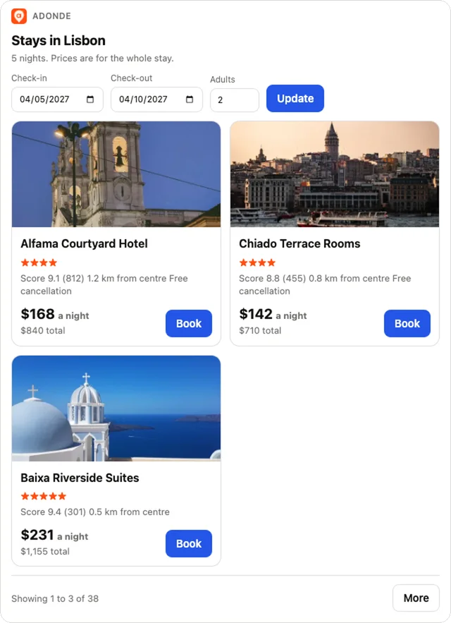 Hotel cards with photos, prices and Book buttons (sample data).
