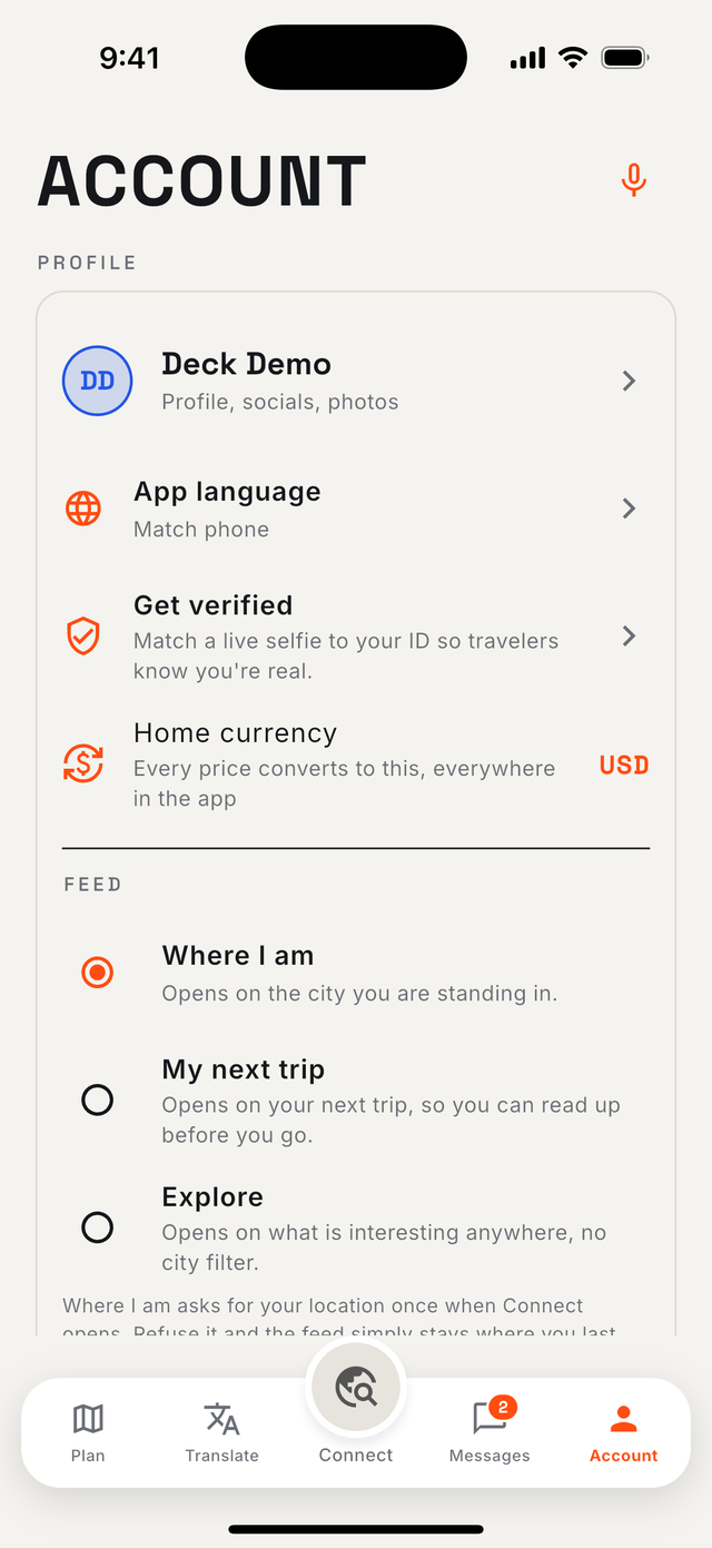 Account: profile, app language, verification, home currency and feed preferences