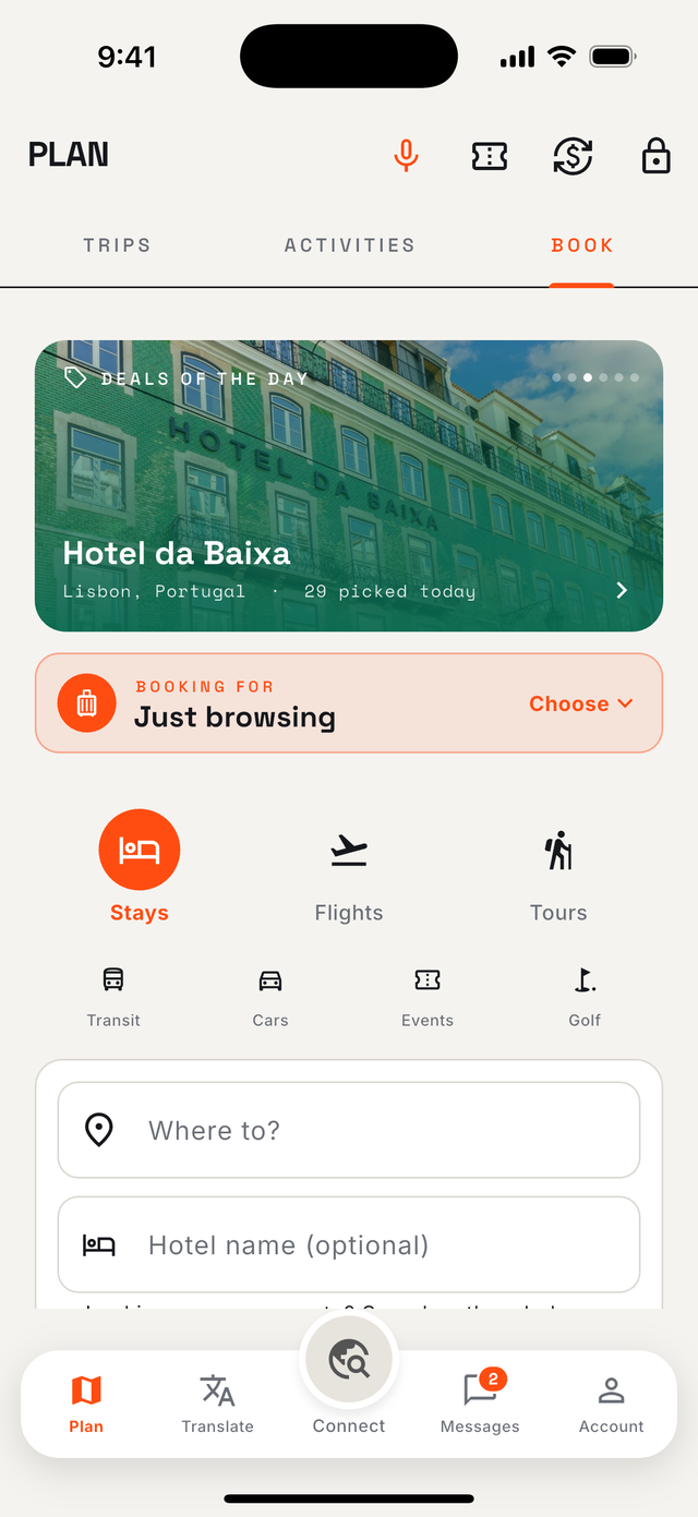 The Book tab: deal of the day, stays, flights, tours, transit, cars, events and golf