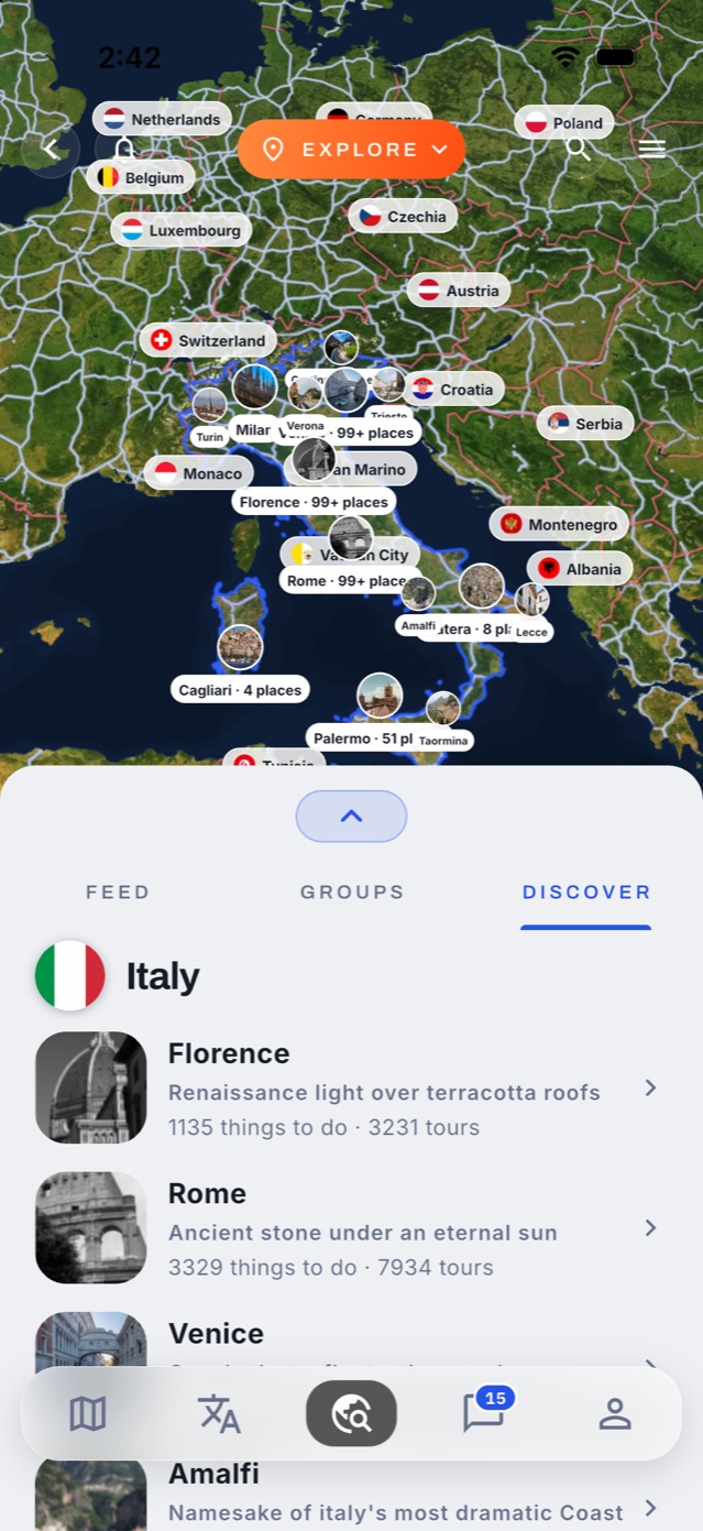 Connect drilled into Italy: Florence, Rome, Venice and Amalfi pinned on the map, with each city listed below