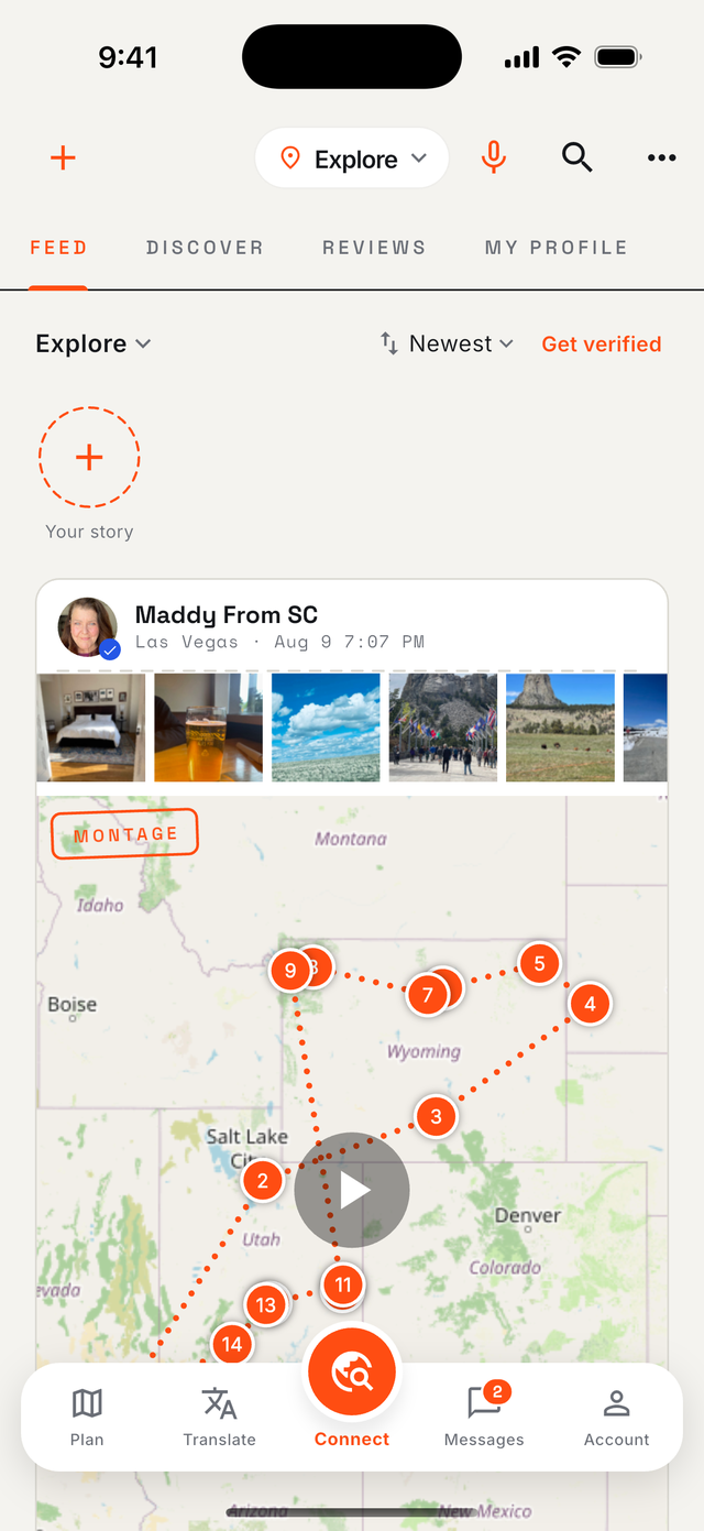 The traveler feed with a montage post drawn as a route map across the American West