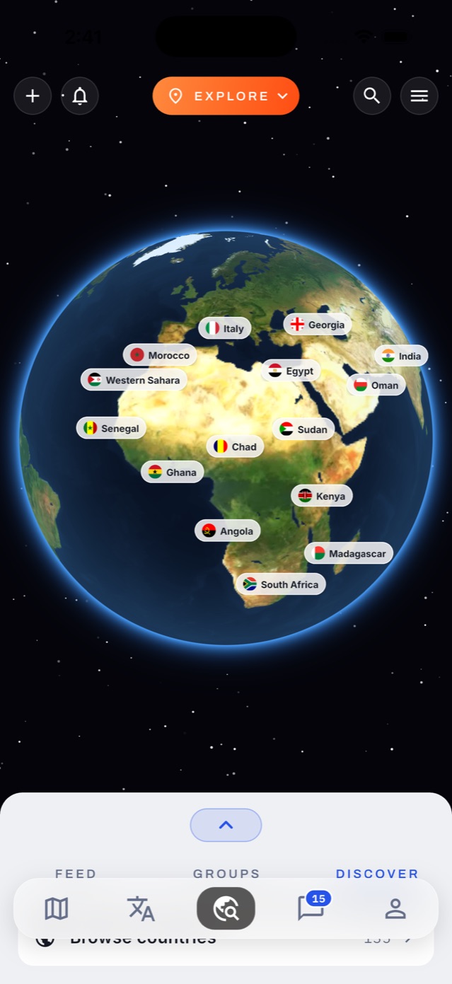 Connect opens on a globe with a flag for every country that has guides and travelers