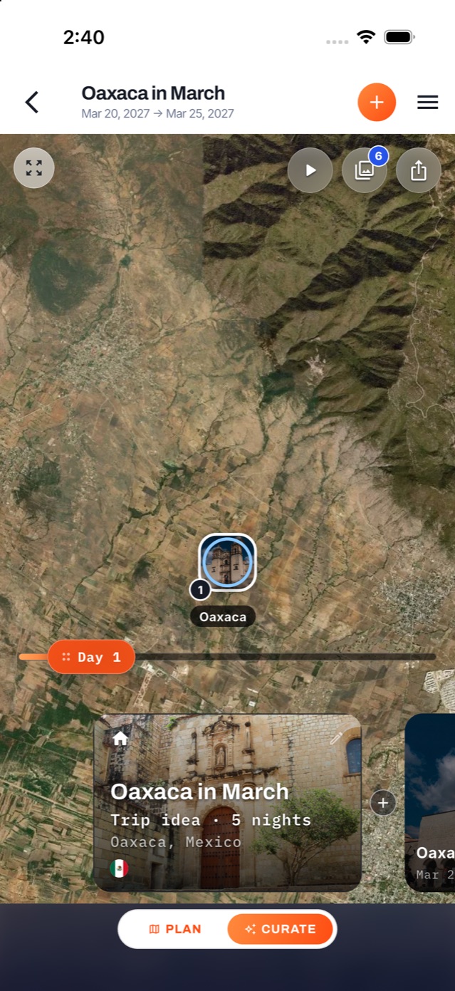 Curate: the Oaxaca in March trip idea as a story card over a satellite map, day by day