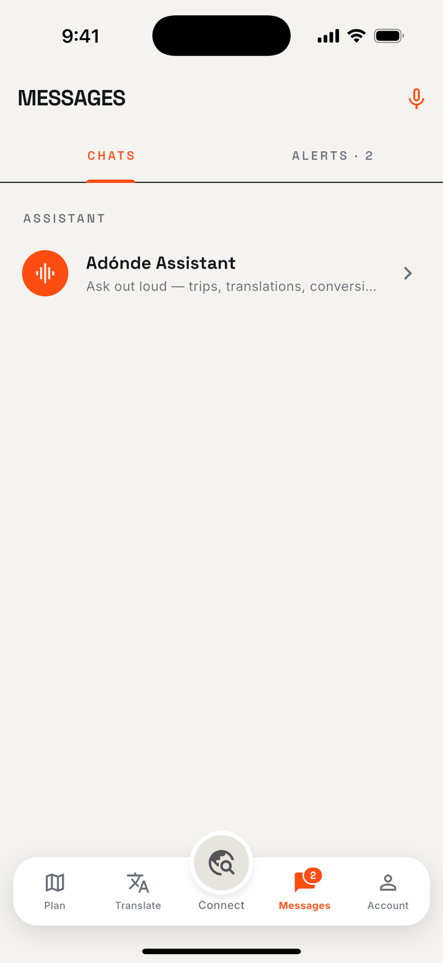 Messages with the Adónde voice assistant chat pinned at the top