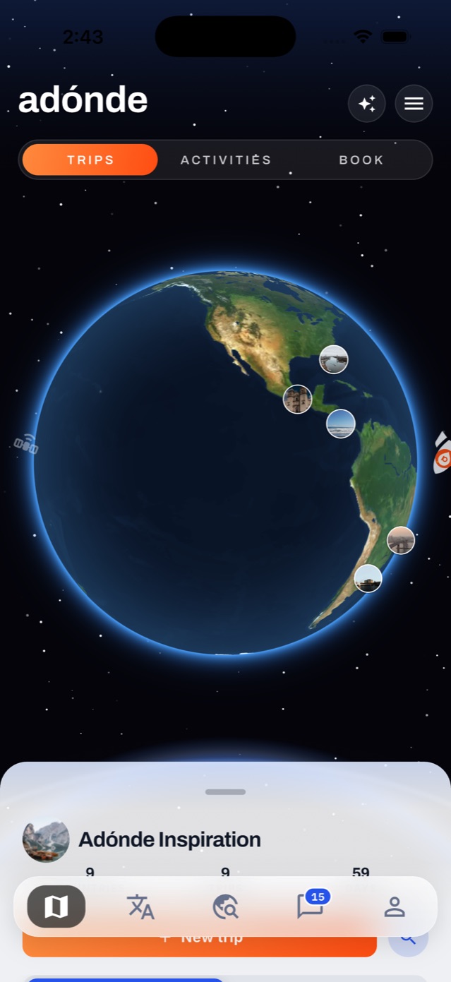 The Plan tab: every trip pinned on a 3D globe across the Americas and Europe