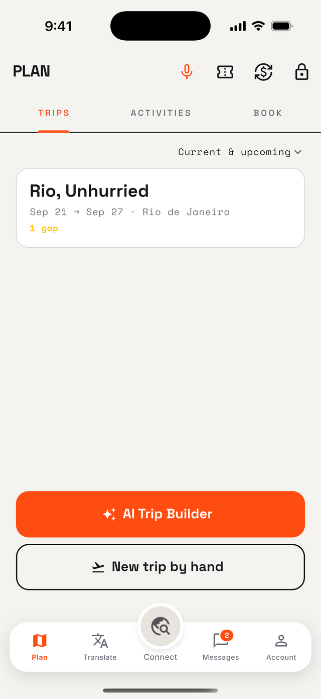 The Plan tab with a Rio de Janeiro trip, its coverage gap flagged, and the AI Trip Builder