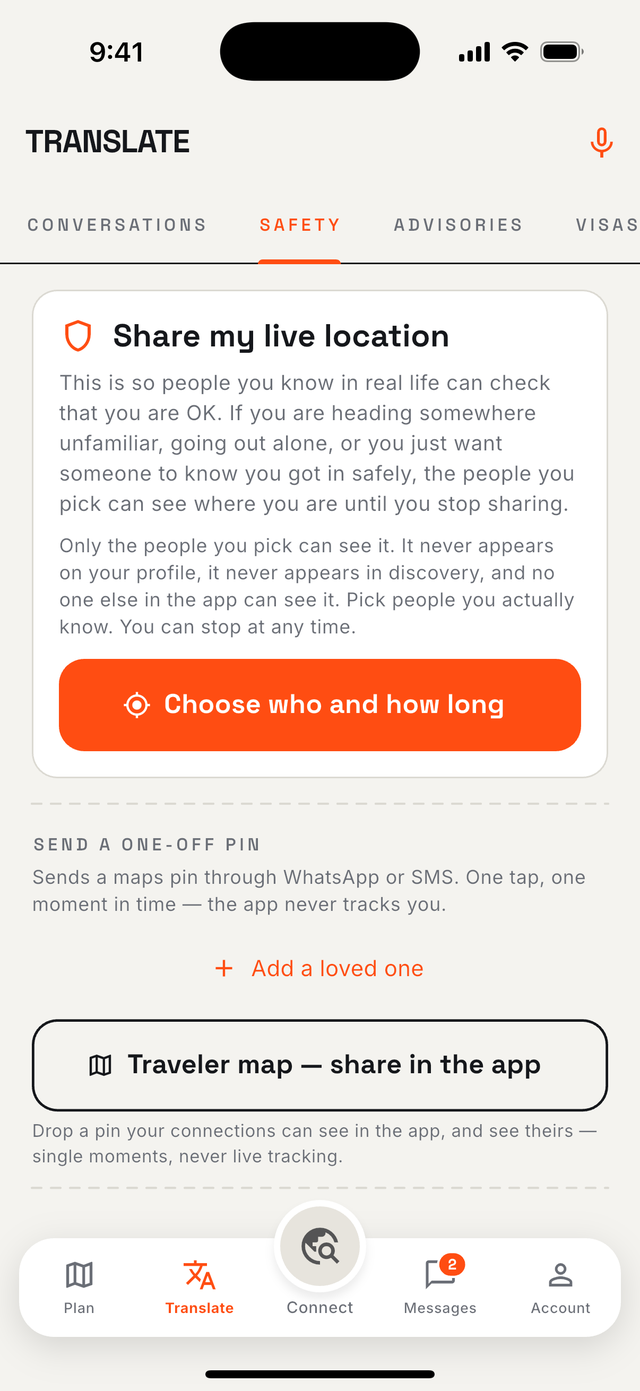 Safety: share my live location with people you trust, one-off pins, and the traveler map