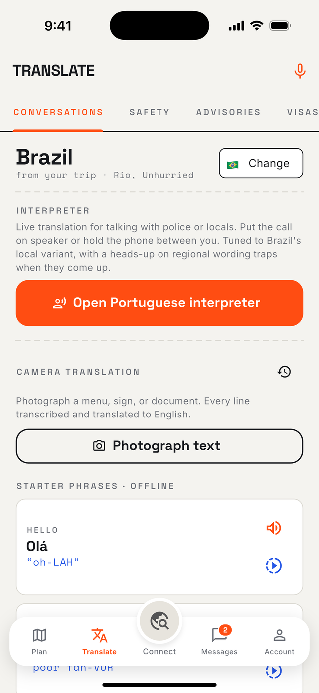Translate set to Brazil from the trip: interpreter, camera translation, offline starter phrases