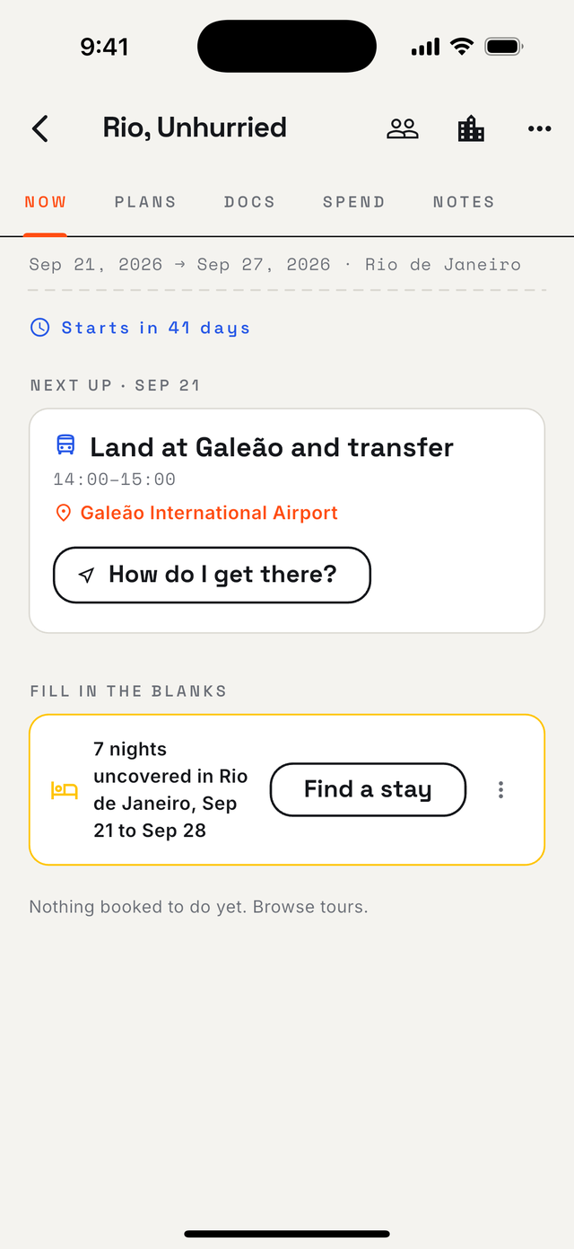 A trip's NOW view: next itinerary item, directions, and a fill-in-the-blanks nudge to book uncovered nights